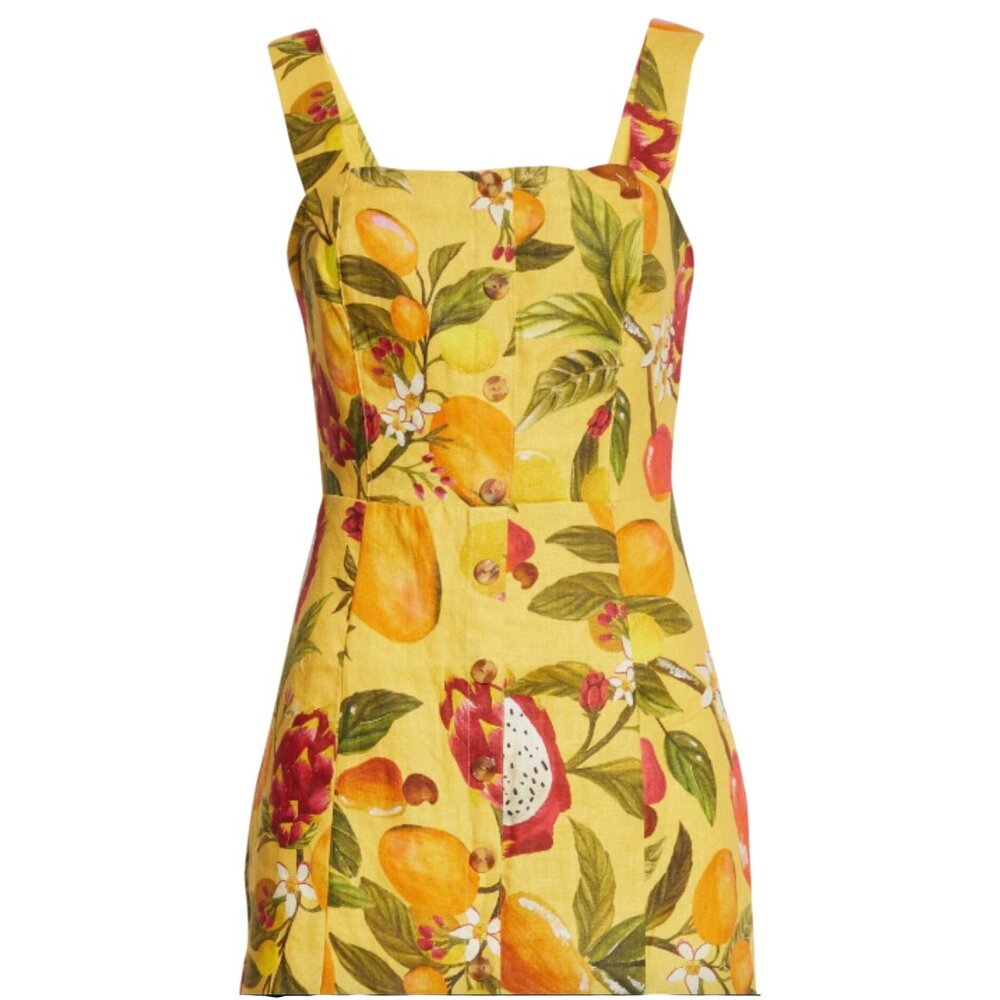 Farm Rio Fruit Lovers Mini Linen Dress Yellow Multicolor Print Size Medium New - Picture 3 of 11